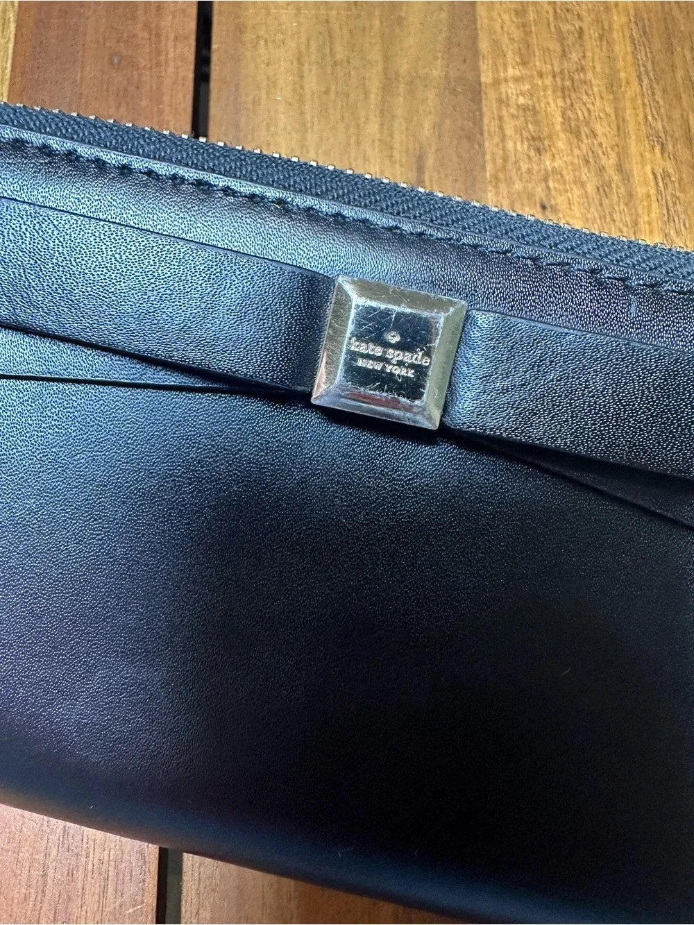 kate spade Nisha Smooth Black Leather Zip Wallet with Bow and Hot Pink Interior